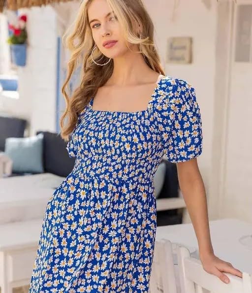 Image of Women's Floral Printed Square Neck Royal Blue Maxi Length Dress