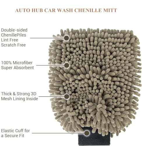 Image of Auto Hub Microfiber Car Cleaning Cloth and Wash Mitt Kit - Includes Ultra Soft 600 GSM Extra Large (60x40 CM) Microfiber Cloth for Car and Dual Sided Chenille Microfiber Wash Mitt 1700 GSM