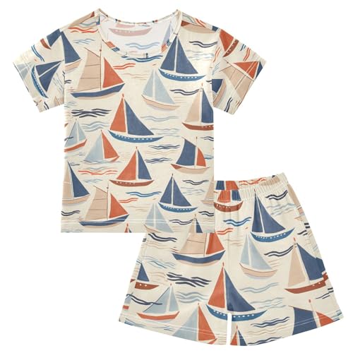 ALAZA Sailboat Cartoon Stylish Pajamas Set Short Sleeve Cotton Sleepwear Summer Pjs 2 Piece 5-14Y
