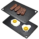 Bruntmor 2-in-1 Reversible Grill Plate - Pre-Seasoned Cast Iron Griddle Pan for Gas Stovetop, Oven, or Open Fire - 17x10-Inch Rectangular Double Sided Flat Pan for Camping, Roasting, and Grilling