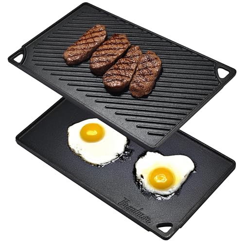 Bruntmor 2-in-1 Reversible Grill Plate - Pre-Seasoned Cast Iron Griddle Pan for Gas Stovetop, Oven, or Open Fire - 17x10-Inch Rectangular Double Sided Flat Pan for Camping, Roasting, and Grilling