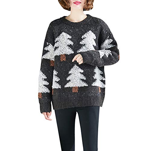 ellazhu Women Loose Vintage Christmas Tree Round Neck Pullover Sweater GA1633 Grey
