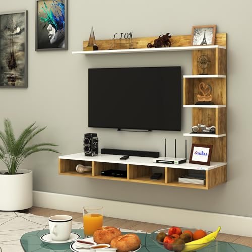 Image of Anikaa Laura Engineered Wood Wall Mount TV Unit /TV Stand /TV Cabinet /TV Entertainment Unit /Set Top Box Stand (Ideal for 43 Inch) (D.I.Y) (Gaintwood /White)