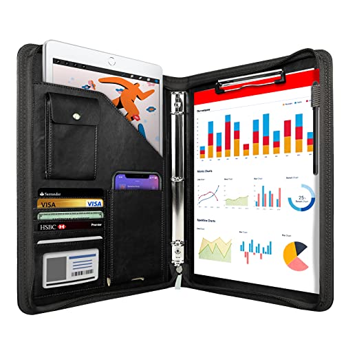 Zippered Portfolio Organizer, WRIYES Leather Padfolio with 3 Ring Binder, Professional Business Binder, Organizer for IPad/Document, Phone & Business Cards, Office Gifts for Men or Women (Black)
