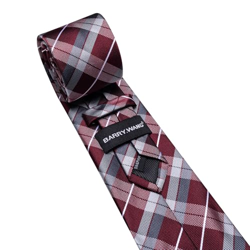 Image of Barry.Wang Plaid Ties Check Mens Necktie Set with Handkerchief Cufflinks Classic Stripe