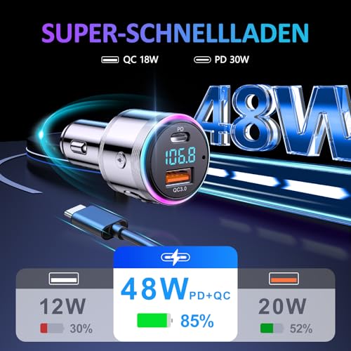 LENCENT 48W FM Transmitter Auto Bluetooth 5.3, Ganzmetall PD 30W & QC3.0 18W Schnelle Autoladegerät...