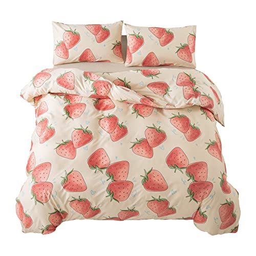 Cliab Strawberry Bedding Kawaii Anime Japanese Style Duvet Cover Set Full Size 3 Pieces Cute Cartoon Small Heart Pink Girls Kids Lightweight Microfiber Zip Closure