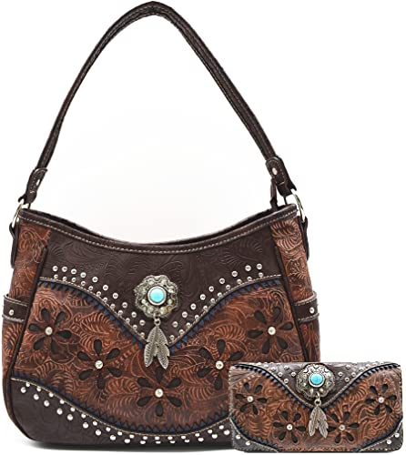 Tooled Leather Floral Laser Cut Flower Feather Purse Studs Country Western Handbag Women Shoulder Bag Trifold Wallet Set