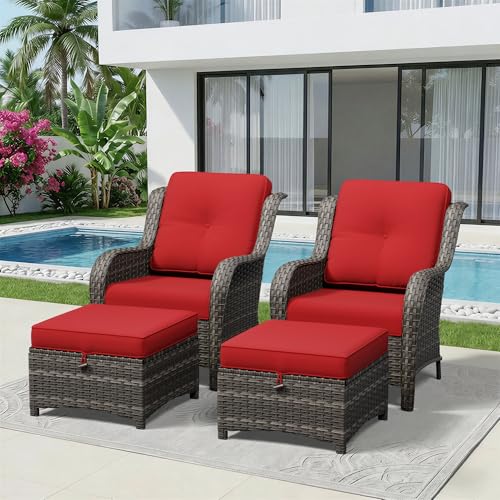 Image of 4 Piece Outdoor Wicker Patio Furniture Set, Patio Chairs Set with Thickened Olefin Cushions, High Back and Deep Seating, Hand-Woven PE Rattan, Ottoman for Porch, Deck, Red