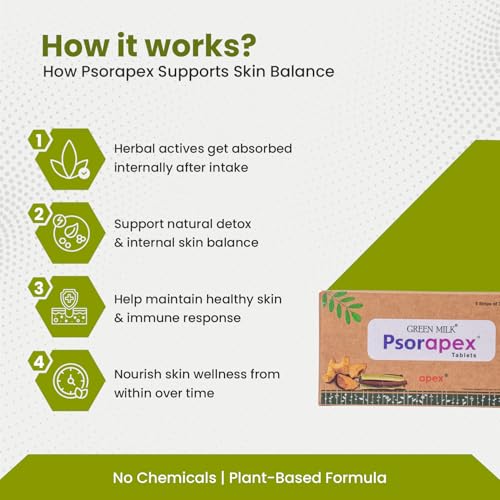 Image of Green Milk Psorapex Tablets | Ayurvedic Skin Wellness Supplement | Supports Psoriasis-Prone Skin & Internal Balance | Helps Maintain Natural Detox & Immune Harmony | Herbal Care Formula | 5x30 Tablets