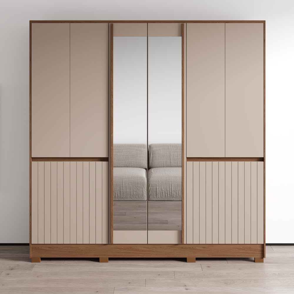 Meble Furniture Alaska Wardrobe — Contemporary Storage Closet with Hanging Rod and Shelves — 87.4H x 85W x 19D inches — Oak/Fendi