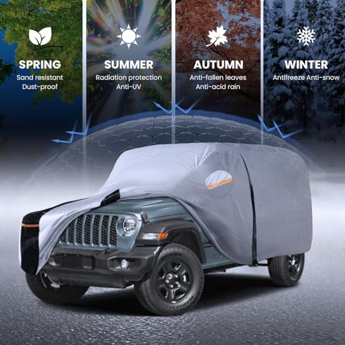 Image of Multi-Layer Car Cover Custom Fit for Jeep wrangler 4 Dr /Unlimited 4 Dr JK JL(1987-2026), 100% Waterproof All Weather for Automobiles, Gift with Towel, Heavy Duty Car Covers for Rain Sun UV Protection.