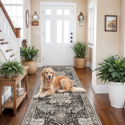 RUUGME Washable 3X8 Runner Rugs - Large Boho Rugs for Living Room Stain Resistant Carpet Vintage Tribal Rugs for Bedroom Kitchen Bathroom Non Slip Backing Home Decor Floor Decoration Mat 3X8 Black
