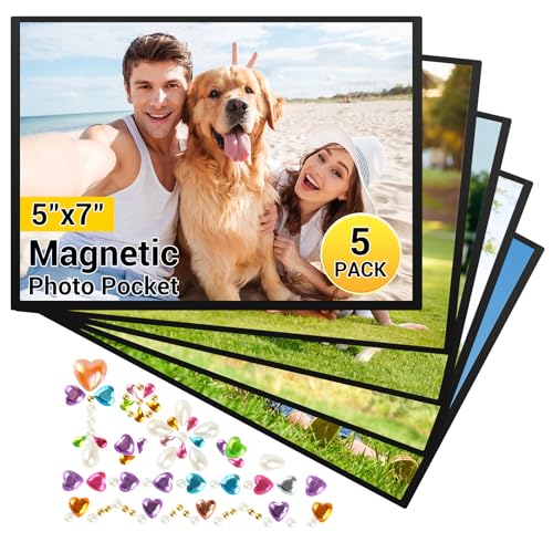 LLWAN Magnetic Picture Frames for Refrigerator 5x7 Magnetic Photo Frames 5 Pack Reusable Strong Magnet Photo Sleeves for Locker Office Cabinet & Home Decor Black