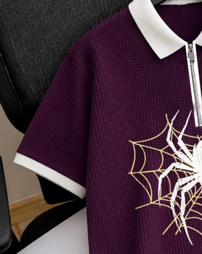 Image of AUSK Men's Spider Graphic Printed Polo T-Shirt | Cotton Blend Textured Regular Fit Half Sleeve Zip Polo Neck Casual T-Shirt for Men