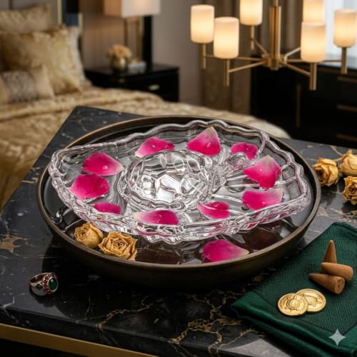 Image of SAUDEEP INDIA Crystal Turtle with Leaf Tray for Home Decor | Vastu Feng Shui Tortoise with Plate for Good Luck | Wealth & Prosperity Table Accent | Gift for Home & Office-16x11x3 cm