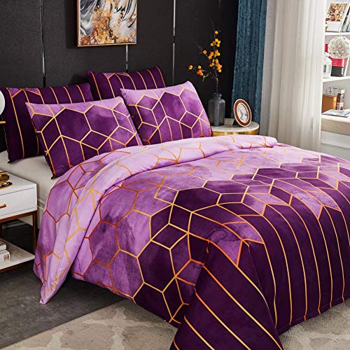 Housse de couette violette en microfibre simple et géométrique pour un lit sans plis - 5