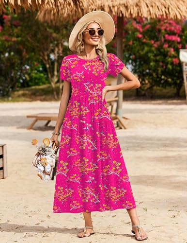 Image of Zeagoo Summer Dresses for Women 2026 Maxi Bohemian Floral Short Sleeve Long Dress Casual Flowy Tired Beach Sundress