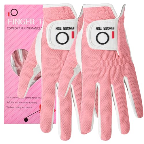 FINGER TEN Womens Golf Glove Right Handed Golfer Left Hand Rain Grip Hot Wet All Weather Value 2 Pack, Golf Gloves Breathable Flexible Gift for Ladies Women (Pink-2 Pack Worn On Left Hand, Medium)