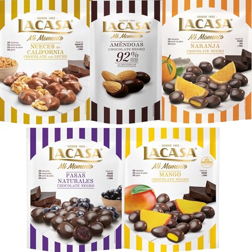 Lacasa Mi Momento pack de 5:Almendra 92% 65G,Nueces Leche 115G,Pasas choco Negro 150G,Naranja choco Negro 125G,Mango choco Negro 115G