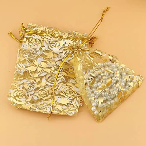 Image of Beingelegant - (10 cm X 15 Cm) (100 pcs) Gold Colour Potli Bags for Return Gift, For Wedding Party Favor Printed Gift Bags I Re Usable Net Pouch