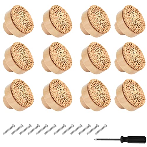 ZIOYA 12 Piezas Pomos de Madera, Tiradores de Cajones con Destornillador y Tornillos, Pomos de Ratán para Aparador, Armarios, Cocina (1.57 Pulgada)