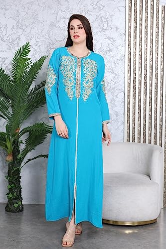 Caftan marocain pour soirée et Mariage - Takchita Marocaine - Elégant Caftan avec Une Ceinture dorée, Broderie et Perles sur l'avant et Les Bras - Couleur Bleu Ciel - Taille M – vue 7