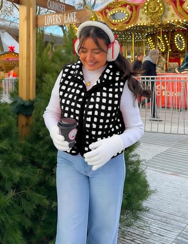 PUWEI Women's Checkered Sherpa Vest Sleeveless Zip Up Fleece Top Crochet Plaid Sherpa Collared Vest with Pocket4