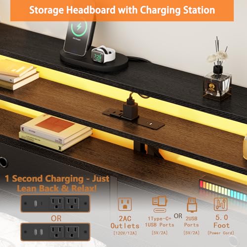 Image of Furnulem Full Size Bed Frame with Headboard & 2 Fabric Drawers, Full Platform Bed Featuring LED Lights, Built-in Charging Station & Storage Shelves, Metal Slats, No Box Spring Needed - Black Oak