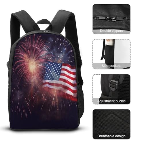 Printed Backpack With Lunch Pack Storage Box Case Firework American Flag 4Th of July 3pcs Lightweight Travel Backpack3