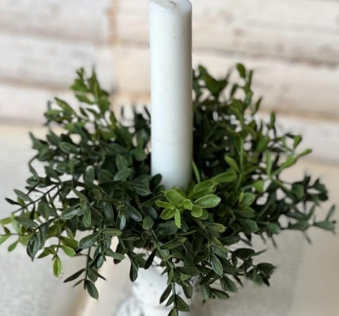 Image of 6 Pcs Artificial Boxwood Candle Rings Wreaths Mini Green Kitchen Cabinet Wreath Table Centerpieces Spring Summer Rings Wreaths for Pillars Farmhouse Wedding Party Decor