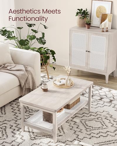 Image of VASAGLE 2-Tier Coffee Table, Rectangular, PE Rattan Shelf, Rounded Corners