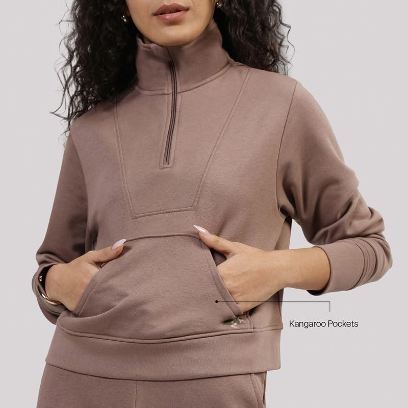 Image of BlissTerry Half Zip | Zippered front |Convertible collar to style |Kangaroo pocket for essentials |Ribbed cuffs |Cropped length