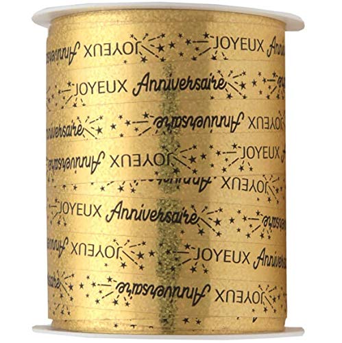 S R/6774-1 Bobine Ruban Bolduc Joyeux Anniversaire Or métallique 25m