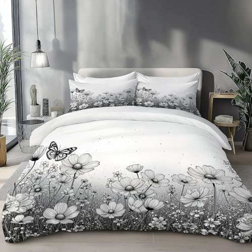 Juego De Ropa De Cama 3 Piezas Poliéster Microfibra Flores Silvestres Campo Juego Fundas Edredón Incluye 1 Funda Nórdica Y 2 Funda Almohada (Cama 180, 260 X 240 Cm, Gris Claro) Un Jardín Elegante