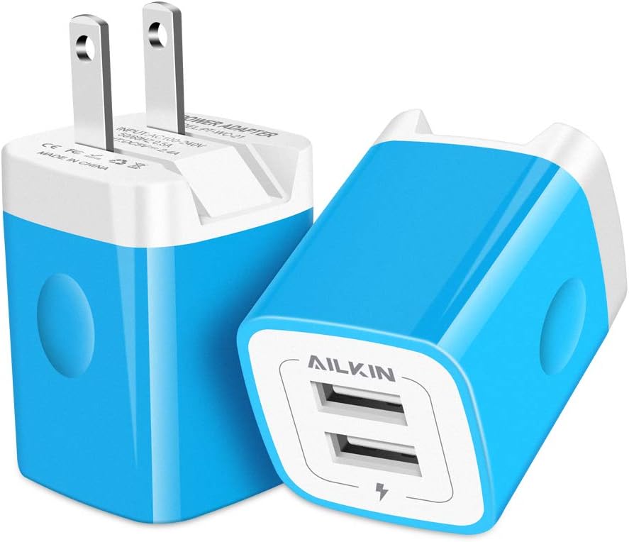 2.4A Foldable Charger Block, Dual USB Plug in Wall Charger, Travel Charger Adapter Fast Charging Box Double USB Cube Ports for Pad, Phone XS XR MAX 8 Plus, LG, Pixel, Fire, Blue, Headphone-Blue