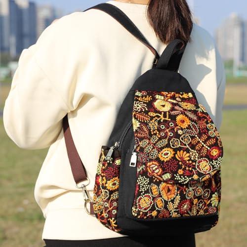 Image of SILKAREA Canvas Sling Backpack for Women Embroidered Travel Chest Bag Multi-purpose Backpack Purse Shoulder Bag (Embroidered Y)