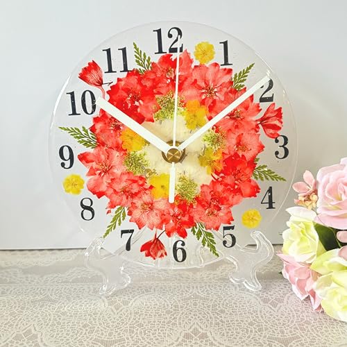 押し花 花時計 フラワーサークル 掛け時計 置時計 φ15cm ハンドメイド ギフト 可愛いボックス入り (スカーレット)