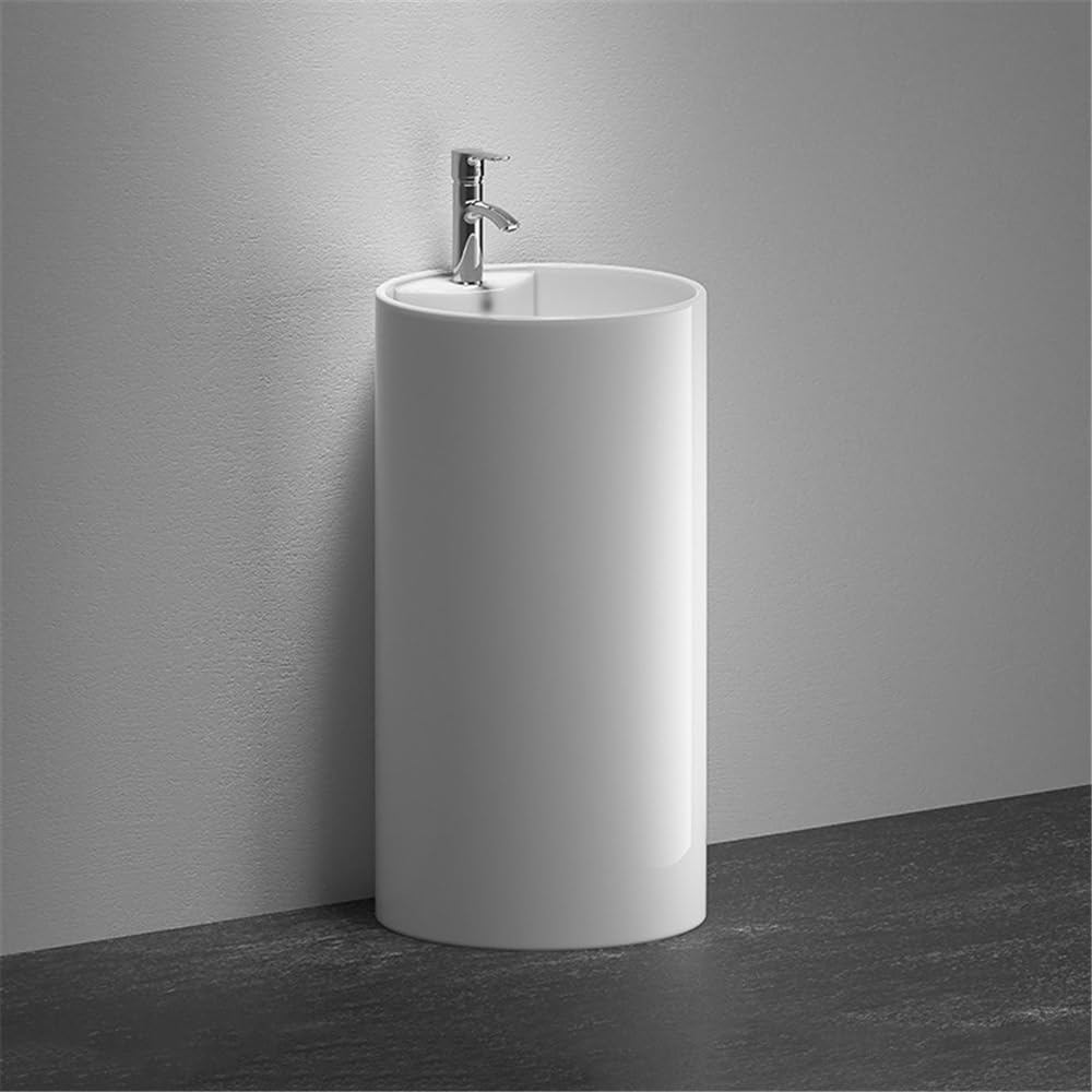 Nowoczesny ceramiczny zlew na cokół z kranem i zestawem odpływowym – stylowa jednoczęściowa umywalka łazienkowa oszczędzająca miejsce konstrukcja łatwa w instalacji idealna do remontu domu