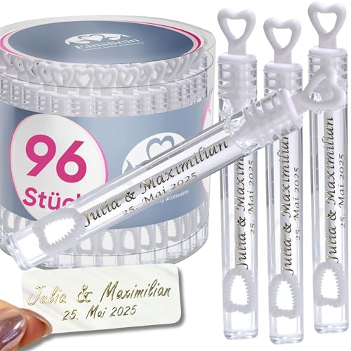 EinsSein 96x Bulles de Savon Personnalisées Mariage – Tubes Cœur Blanc avec Autocollant | Wedding Bubbles Favors | Cadeaux Invités Mariage, Baptême, Anniversaire,...