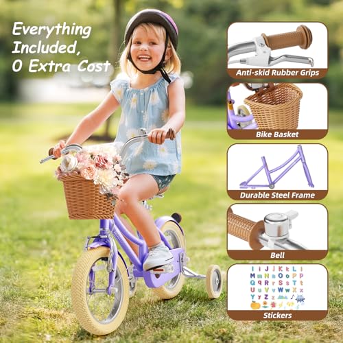 Image of Glaf Girls Bike with Training Wheels Toddler Kids Bike for 2-12 Years Old 12 14 16 18 20 Inch Children Cruiser Bicycle with Adjustable Seat and Handlebar (Purple, 12 Inch with Training Wheels)
