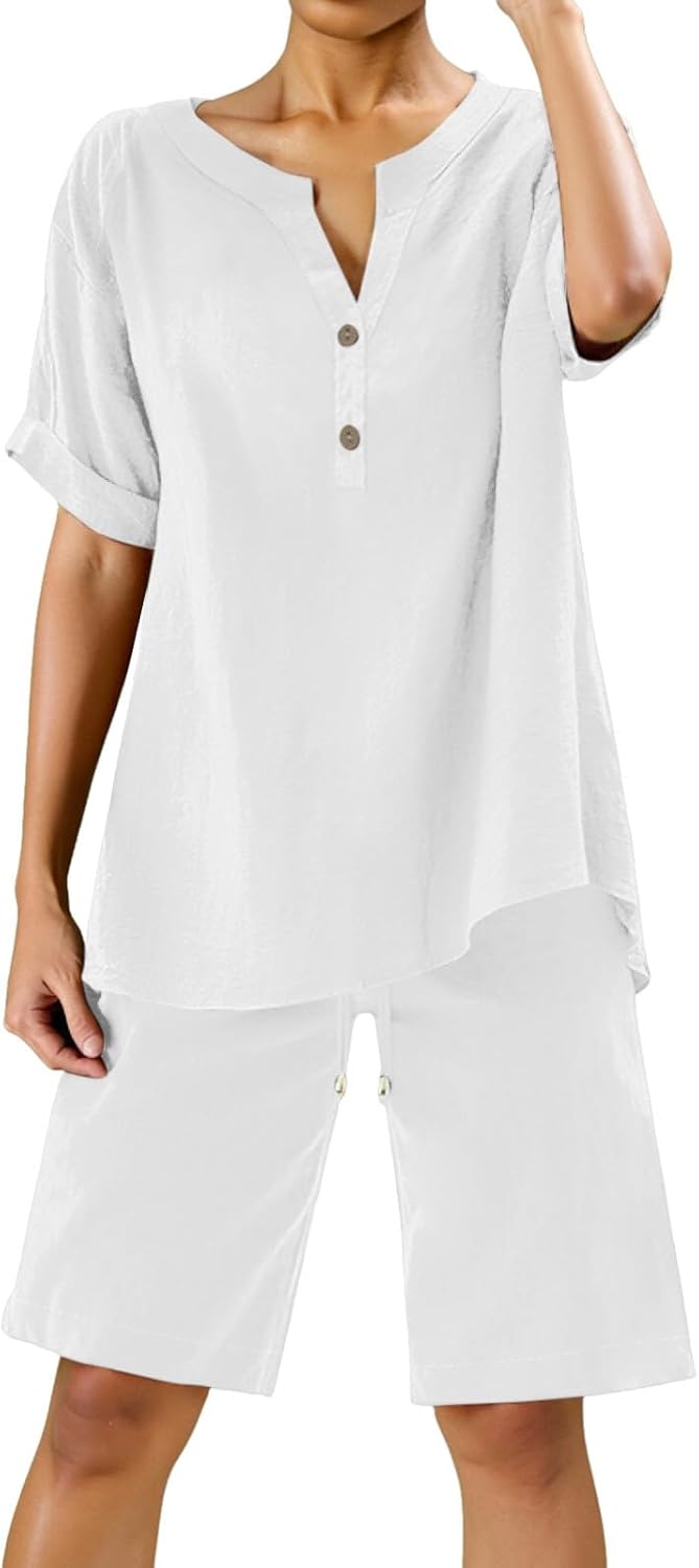 2 Piece Short Sets for Women Summer Beach Holiday Loose Fit Casual Outfits Short Sleeve Shirts Wide Leg Shorts Sets