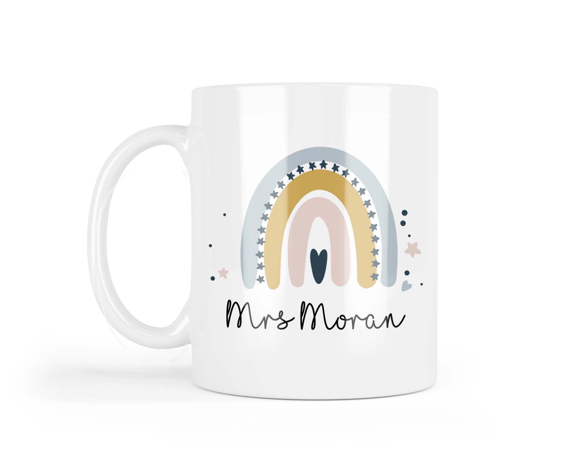 Personalised Teacher Mug, Women's Thank You Gift, End of Year Teaching Appreciation, Rainbow Custom Name Mug, 11 Oz Ceramic