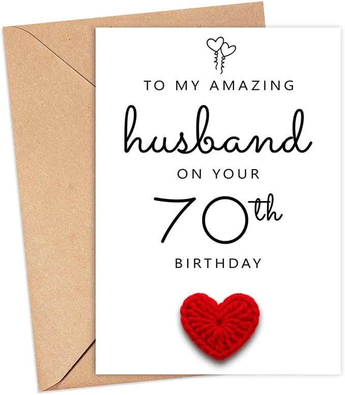 Husband 70Th Birthday Card - Handmade Crochet Heart Card - 70Th Birthday Cards For Husband - Husband's Birth - Handmade Heart Male Bday Cards - Happy 70 Old