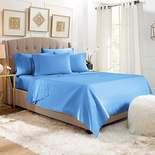 Image of Light Blue Bedsheet with 4 Pillow Covers 400TC 100% Egyptian Cotton Premium 5 Piece Bedsheets Super King Size