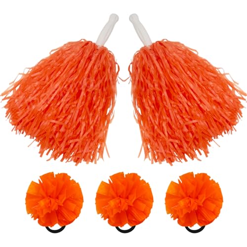 Hooshing 5PCS Orange Pom Poms Cheerleading and Hair Ropes Wrist Ties with Poms for Cheerleader Girls Sports Spirits Rewards Cheer in Party Festival