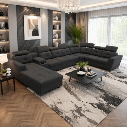 Image of Mishel 12 Seater Sofa Set for Living Room | Sectional U Shaped 12 Seater Sofa with Storage & Cupholder (Dark Grey Fabric, LHS)