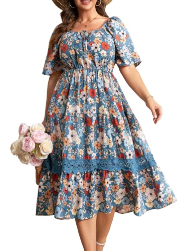 Image of RWJ Women's Plus Size Maxi Dress Short Sleeve Square Neck Flowy A-Line Lace Trim Flutter Party Casual Off Shoulder Dresses