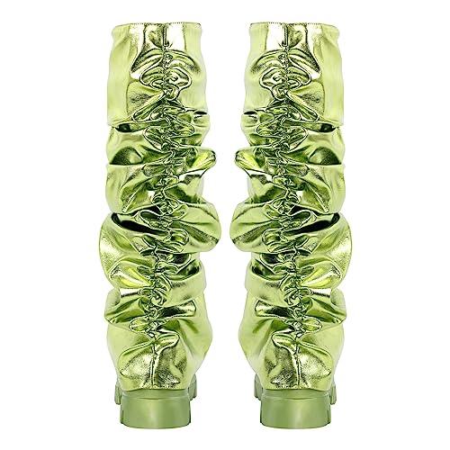 Image of LISHAN Women's Platform Heel Metallic Fold Over Pull on Shark Ruched Boots