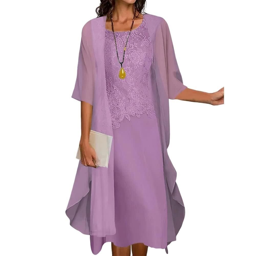 SOMOU Two-Piece Set Maxi Dress for Womens Flowy Chiffon Cardigan Wedding Guest Floral Print Midi Dresses with Lace Jacket, XX-Large, Purple